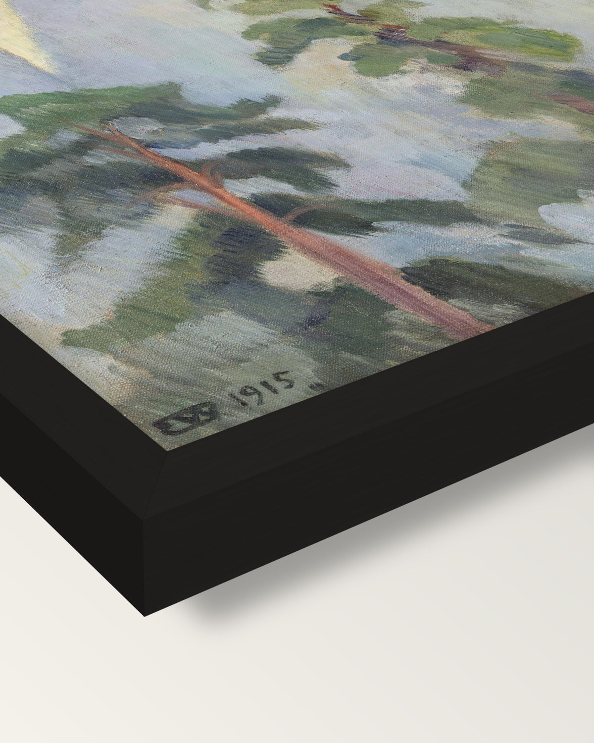 Mirroring by Erik Werenskiold framed print, corner close-up: black moulding, mitred, the print set just below its edge