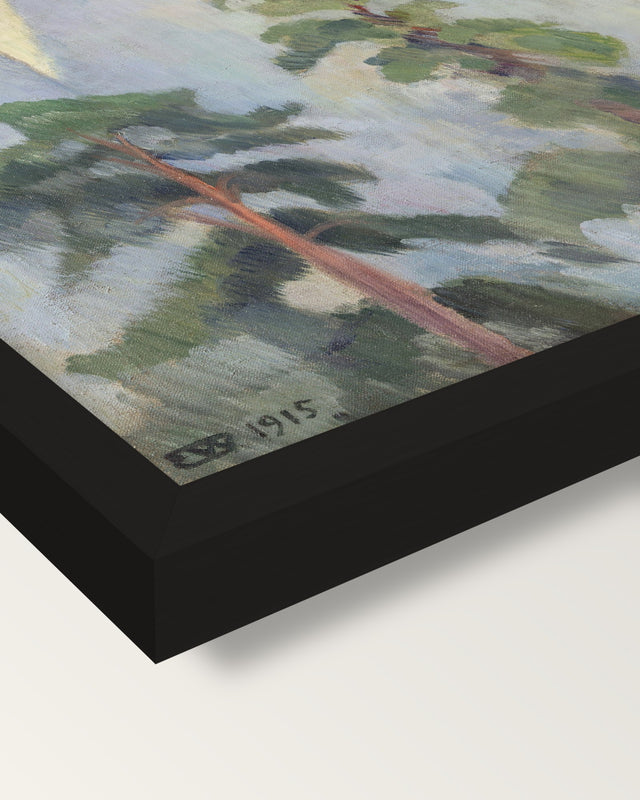 Mirroring by Erik Werenskiold framed print, corner close-up: black moulding, mitred, the print set just below its edge
