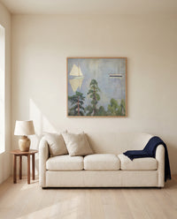 Mirroring by Erik Werenskiold framed in natural oak above a cream sofa in a warm living room