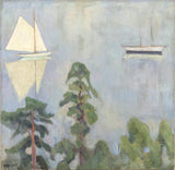 Mirroring by Erik Werenskiold: two white sailboats and their reflections in still pale water, pine trees in front