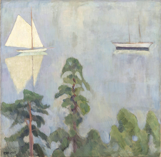 Mirroring by Erik Werenskiold: two white sailboats and their reflections in still pale water, pine trees in front