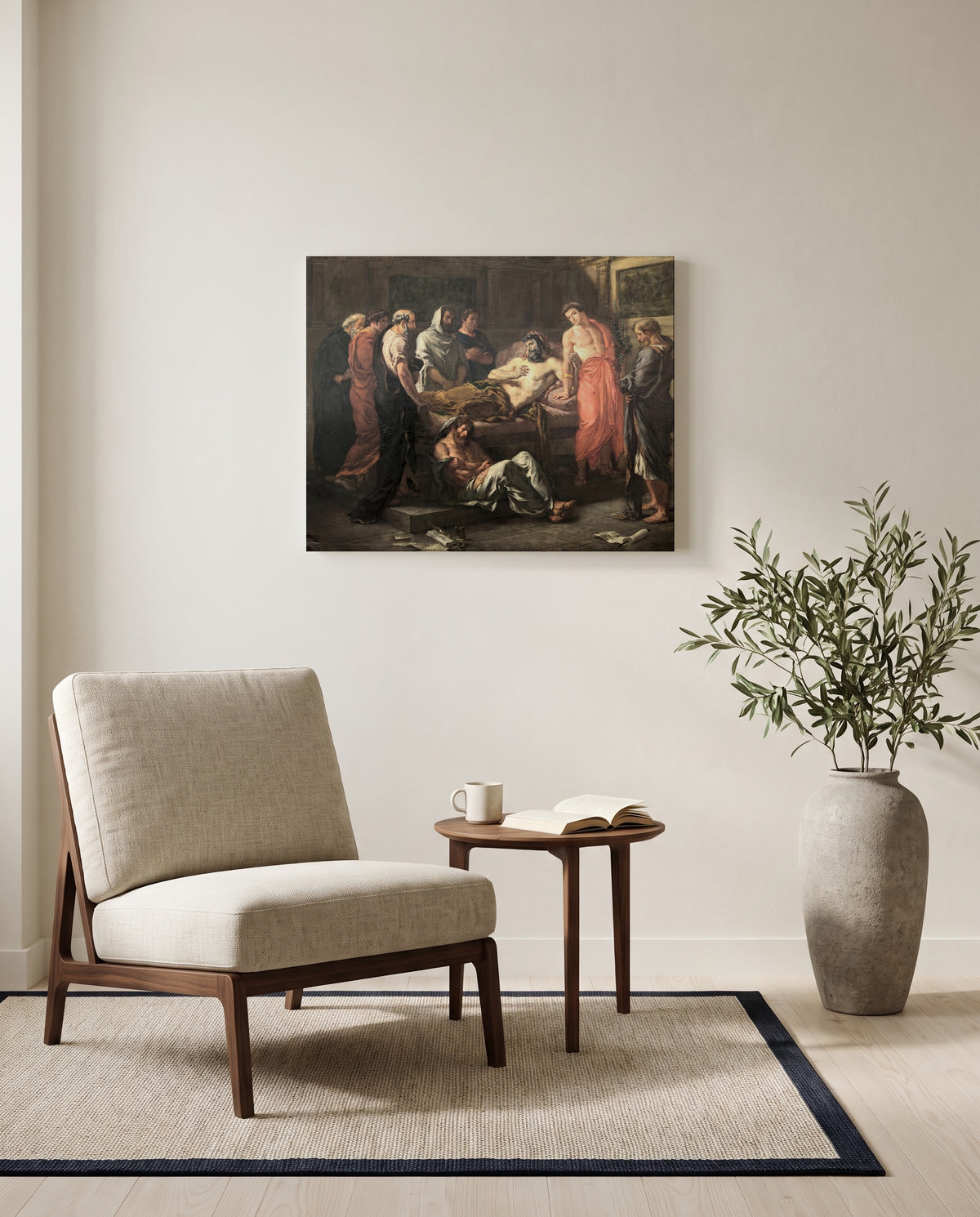 Last Words of Marcus Aurelius by Eugène Delacroix as a stretched canvas above a linen lounge chair in a reading corner