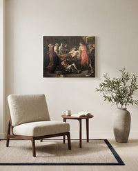 Last Words of Marcus Aurelius by Eugène Delacroix as a stretched canvas above a linen lounge chair in a reading corner