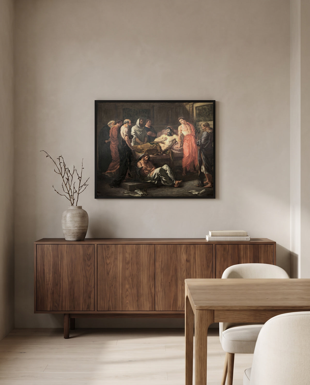 Last Words of Marcus Aurelius by Eugène Delacroix in a black frame above a walnut sideboard in a dining room