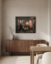 Last Words of Marcus Aurelius by Eugène Delacroix in a black frame above a walnut sideboard in a dining room