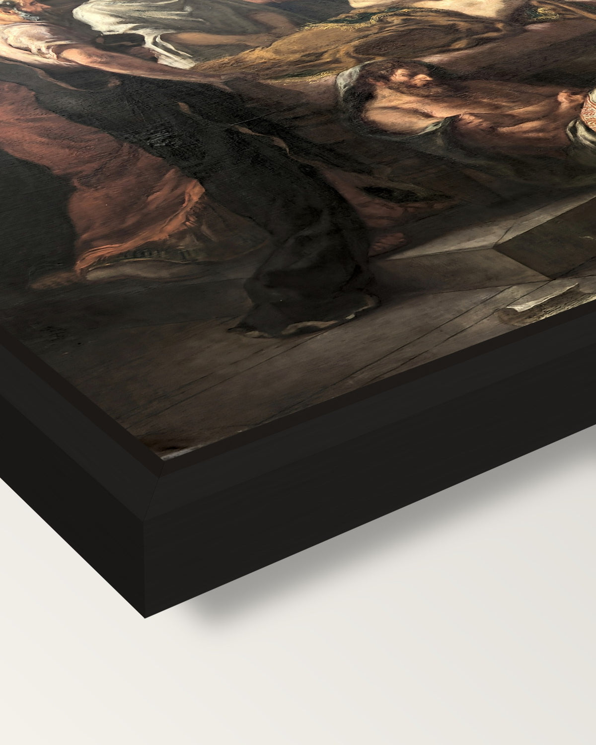 Last Words of Marcus Aurelius framed canvas, corner close-up: a black floating frame with a shadow gap round the canvas