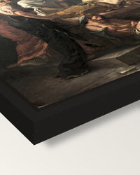 Last Words of Marcus Aurelius framed canvas, corner close-up: a black floating frame with a shadow gap round the canvas