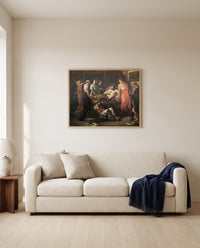 Last Words of Marcus Aurelius by Eugène Delacroix framed in natural oak above a cream sofa in a warm living room