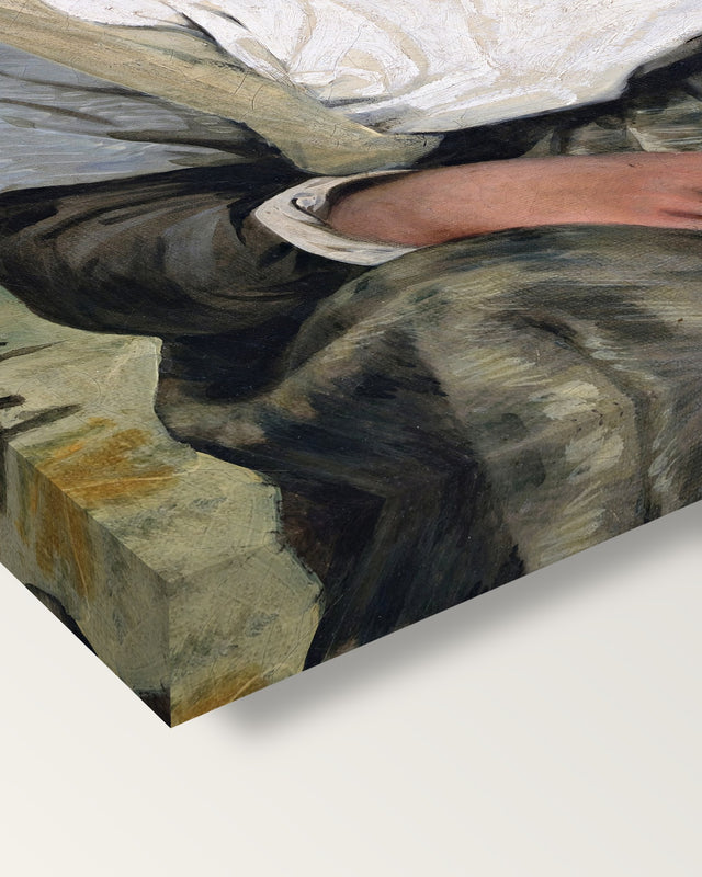 Orphan Girl at the Cemetery by Delacroix on stretched canvas, corner close-up: the painting mirror-wrapped round the sides