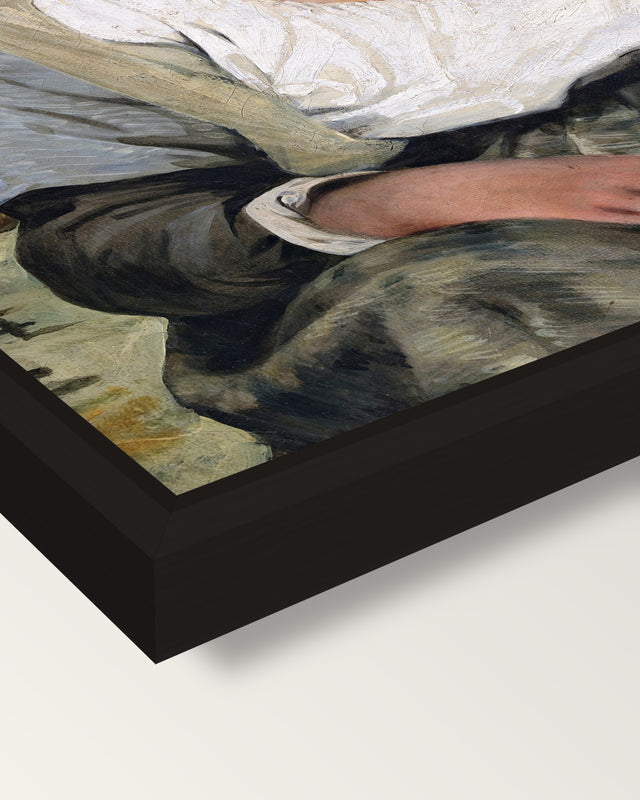 Orphan Girl at the Cemetery framed canvas, corner close-up: a black floating frame with a shadow gap round the canvas