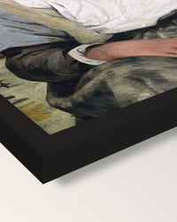Orphan Girl at the Cemetery framed print, corner close-up: black moulding, mitred, the print set just below its edge
