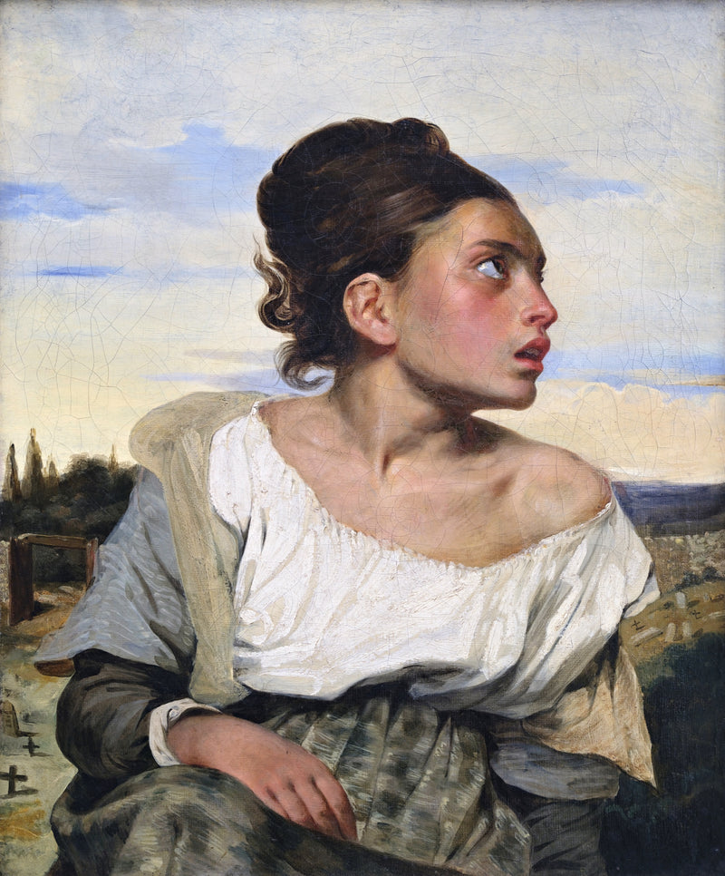 Orphan Girl at the Cemetery by Delacroix: a young woman in a white blouse glancing up over her shoulder, eyes wet