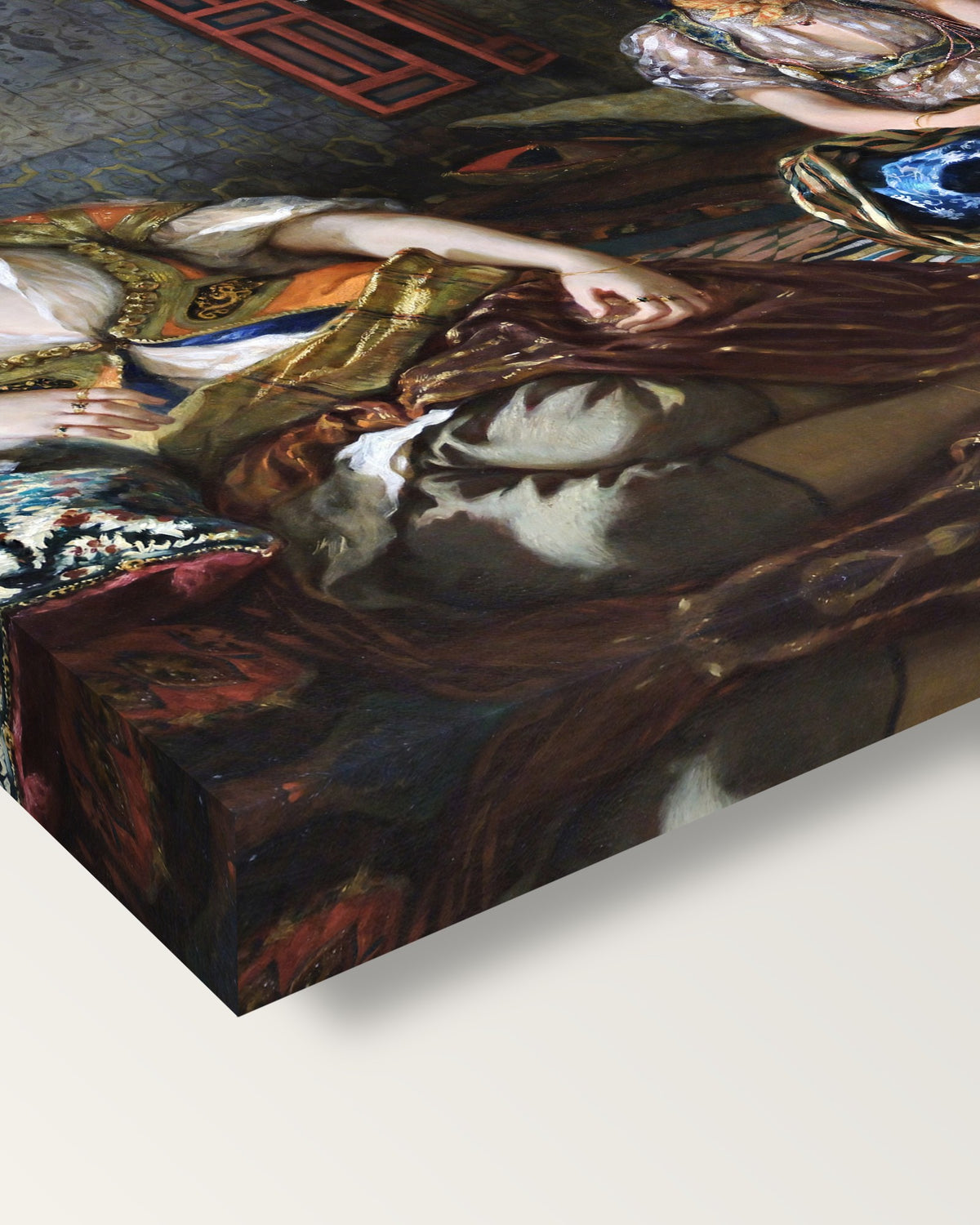 Women of Algiers by Eugène Delacroix on stretched canvas, corner close-up: the painting mirror-wrapped round the sides