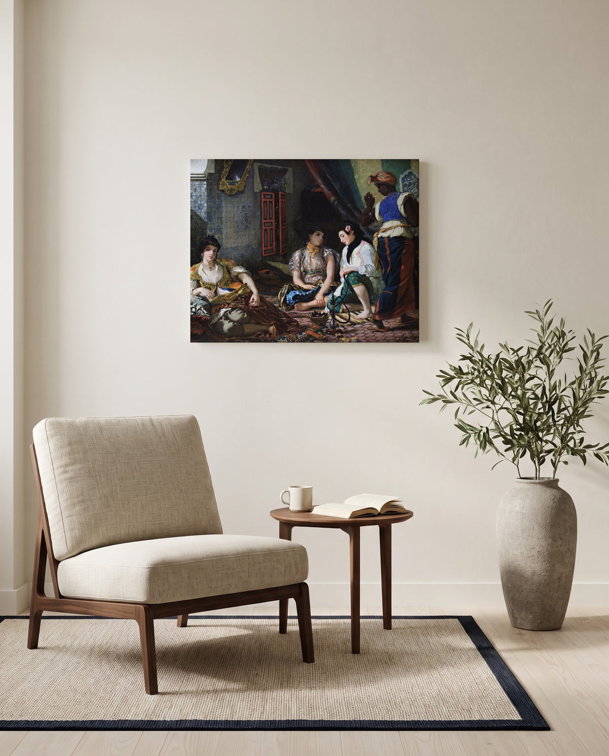 Women of Algiers by Eugène Delacroix as a stretched canvas above a linen lounge chair in a reading corner