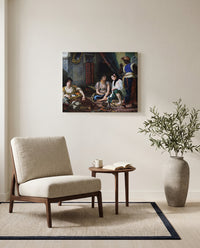 Women of Algiers by Eugène Delacroix as a stretched canvas above a linen lounge chair in a reading corner