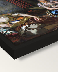 Women of Algiers by Delacroix framed canvas, corner close-up: a black floating frame with a shadow gap round the canvas