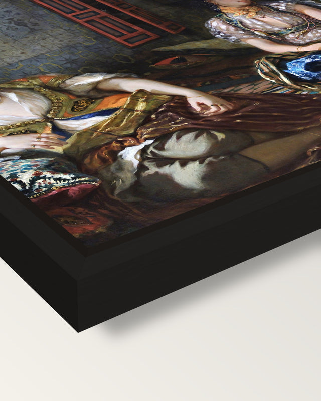 Women of Algiers by Delacroix framed canvas, corner close-up: a black floating frame with a shadow gap round the canvas