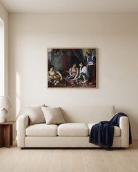 Women of Algiers by Eugène Delacroix framed in natural oak above a cream sofa in a warm living room