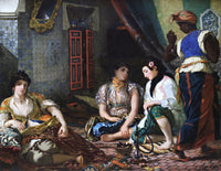 Women of Algiers by Delacroix: three women in rich silks seated on rugs in a tiled room, a fourth woman turning away at right