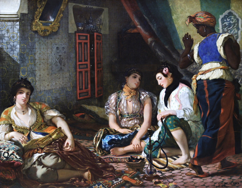 Women of Algiers by Delacroix: three women in rich silks seated on rugs in a tiled room, a fourth woman turning away at right