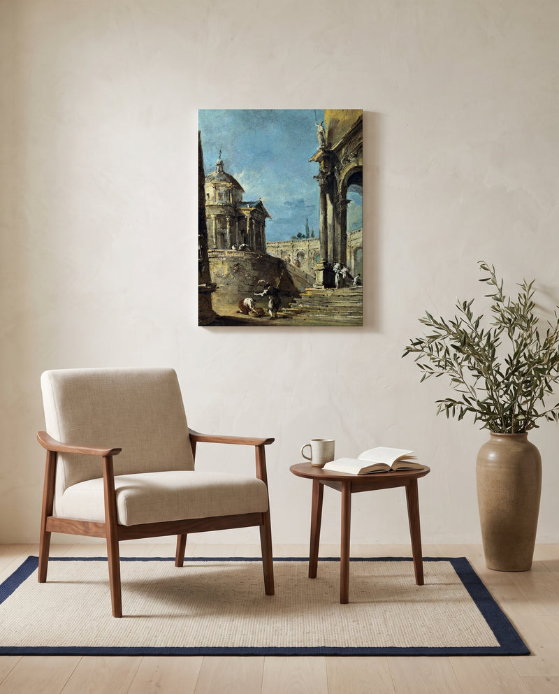 An Architectural Caprice by Francesco Guardi as a stretched canvas above a linen lounge chair in a reading corner