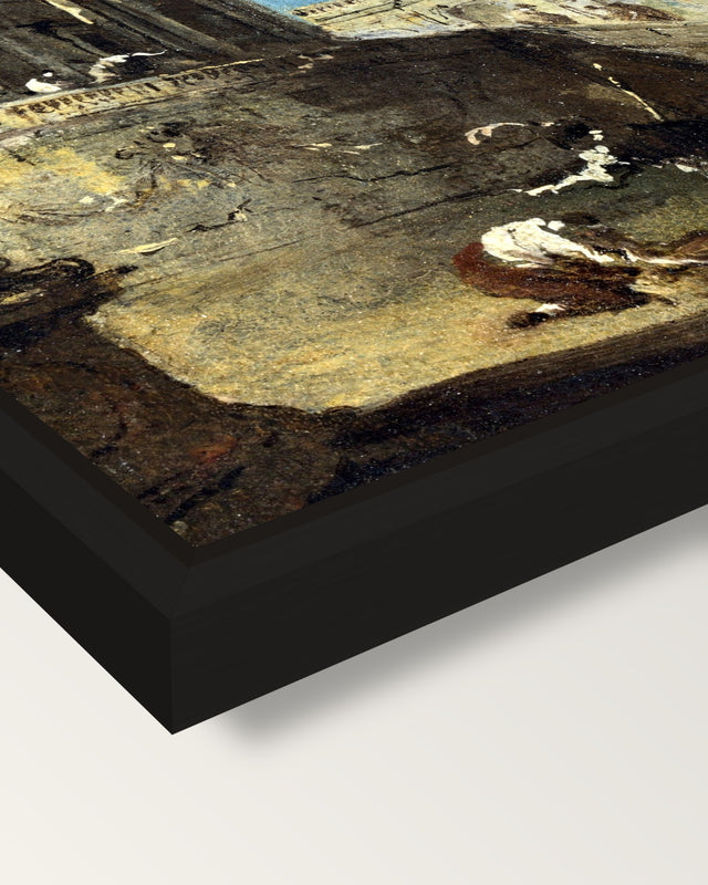 An Architectural Caprice by Guardi framed canvas, corner close-up: a black floating frame with a shadow gap round the canvas