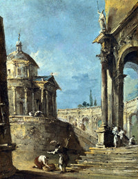 An Architectural Caprice by Guardi: a domed temple, tall columns and sunlit stairs with tiny figures under a blue sky