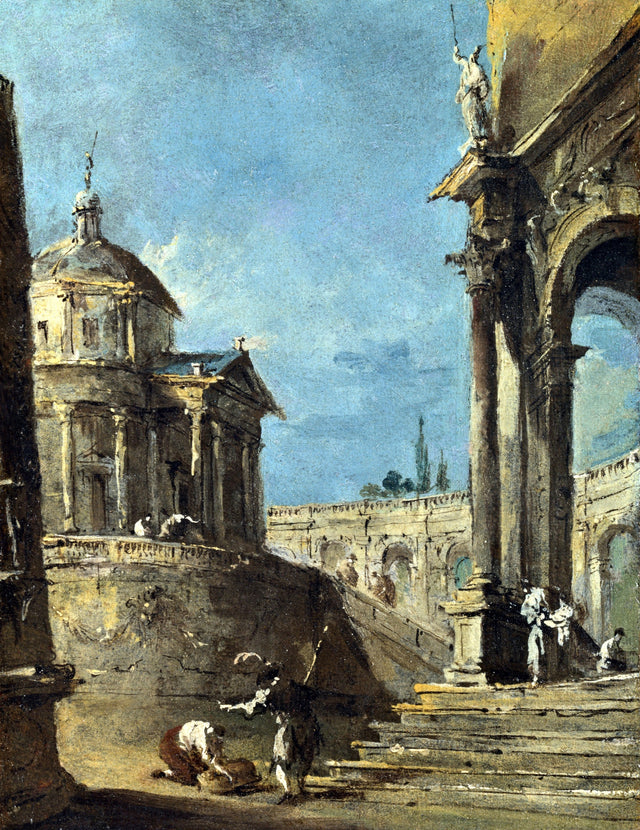 An Architectural Caprice by Guardi: a domed temple, tall columns and sunlit stairs with tiny figures under a blue sky