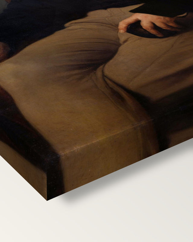 Alessandro Manzoni by Francesco Hayez on stretched canvas, corner close-up: the painting mirror-wrapped round the sides