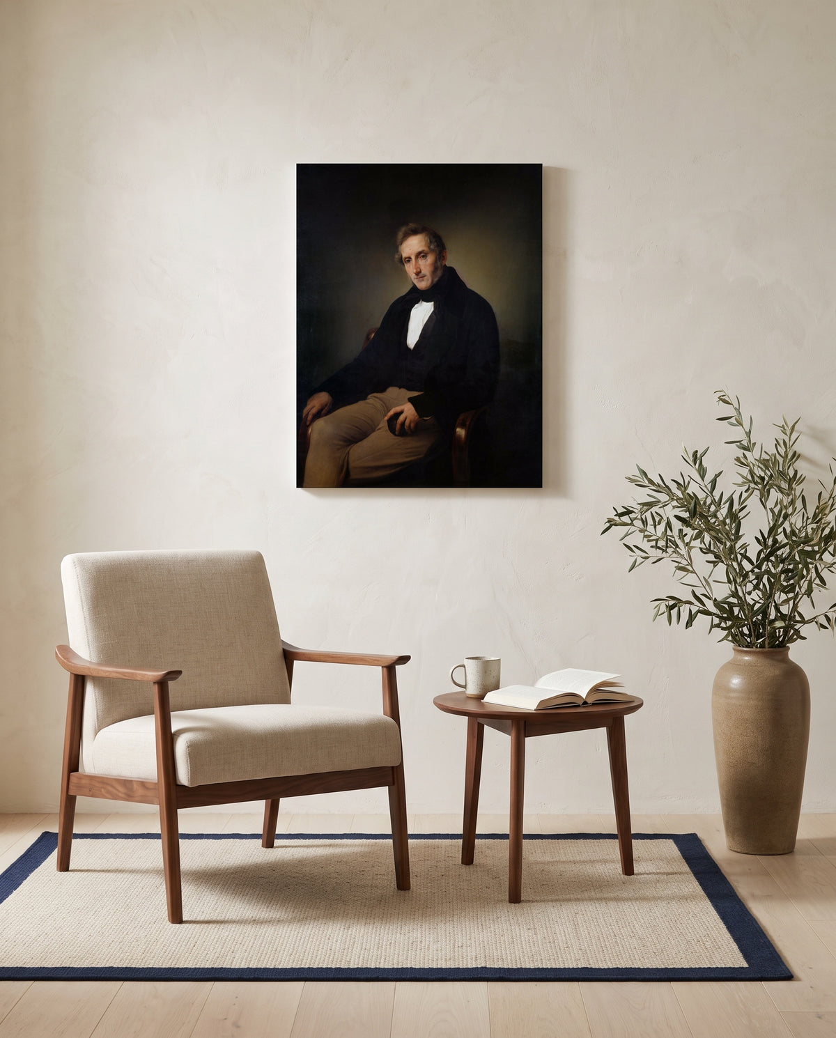 Alessandro Manzoni by Francesco Hayez as a stretched canvas above a linen lounge chair in a reading corner
