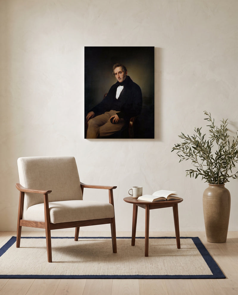 Alessandro Manzoni by Francesco Hayez as a stretched canvas above a linen lounge chair in a reading corner