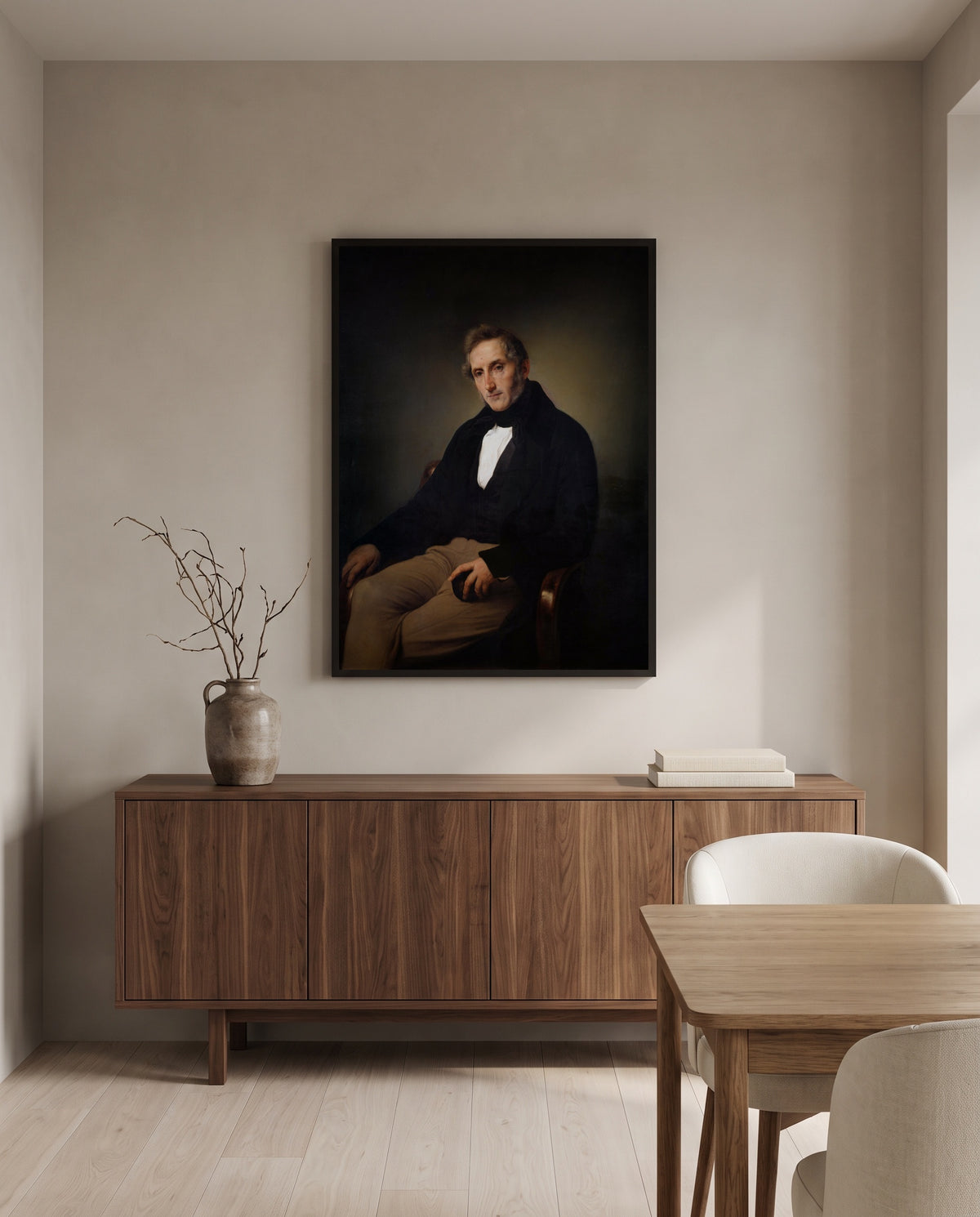 Alessandro Manzoni by Francesco Hayez in a black frame above a walnut sideboard in a dining room