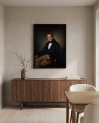 Alessandro Manzoni by Francesco Hayez in a black frame above a walnut sideboard in a dining room