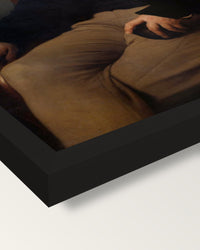 Alessandro Manzoni by Hayez framed print, corner close-up: black moulding, mitred, the print set just below its edge