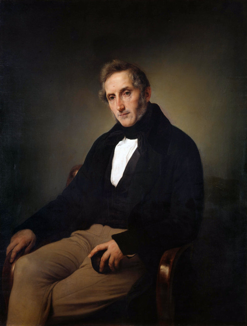Portrait of Alessandro Manzoni by Hayez: a seated man in a black coat and white collar, legs crossed, holding a snuffbox