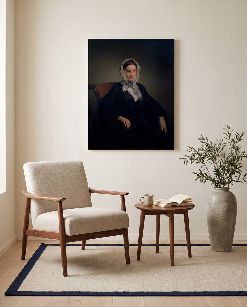 Teresa Manzoni by Francesco Hayez as a stretched canvas above a linen lounge chair in a reading corner