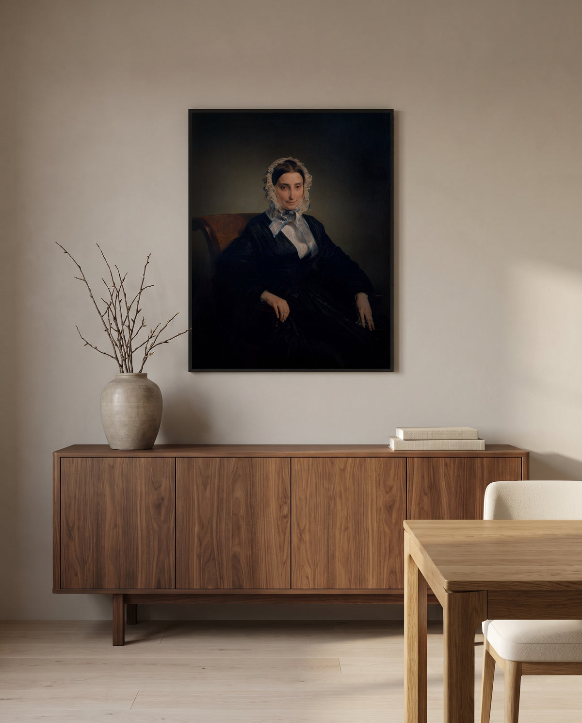 Teresa Manzoni by Francesco Hayez in a black frame above a walnut sideboard in a dining room