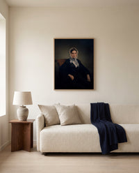 Teresa Manzoni by Francesco Hayez framed in natural oak above a cream sofa in a warm living room