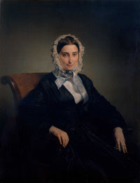 Teresa Manzoni by Francesco Hayez: a woman in a black dress and white lace cap with a pale blue ribbon, seated in a chair