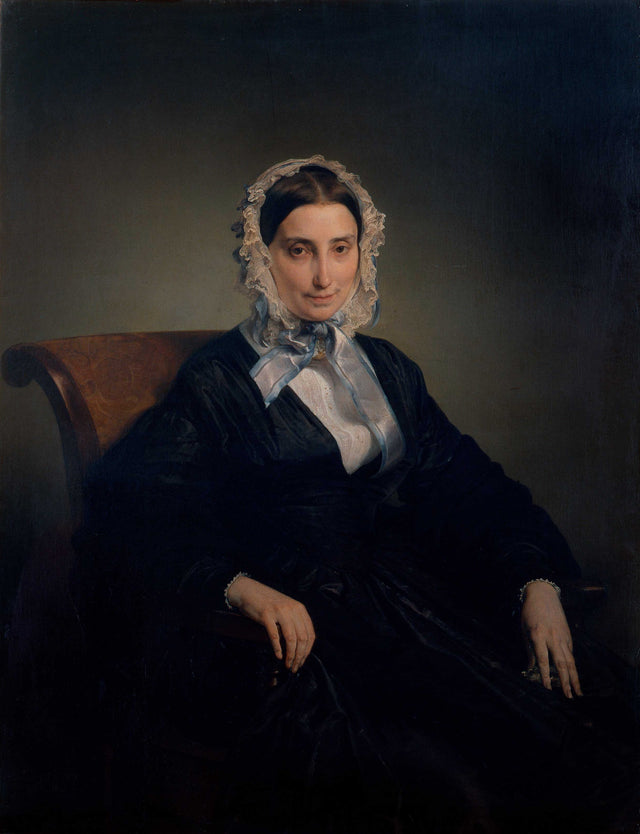 Teresa Manzoni by Francesco Hayez: a woman in a black dress and white lace cap with a pale blue ribbon, seated in a chair
