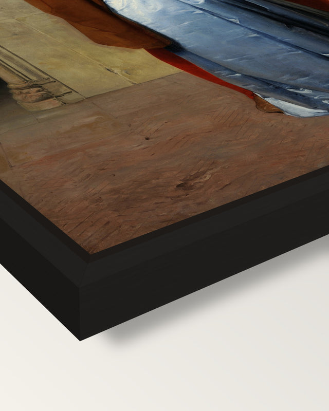 The Kiss by Francesco Hayez framed canvas, corner close-up: a black floating frame with a shadow gap round the canvas