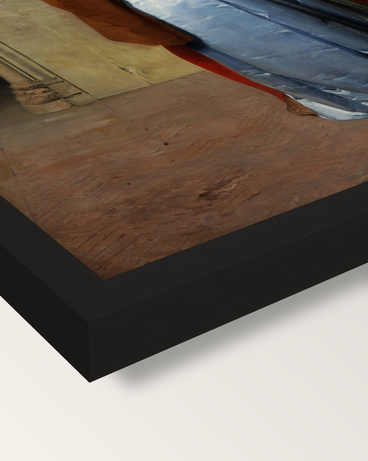The Kiss by Francesco Hayez framed print, corner close-up: black moulding, mitred, the print set just below its edge