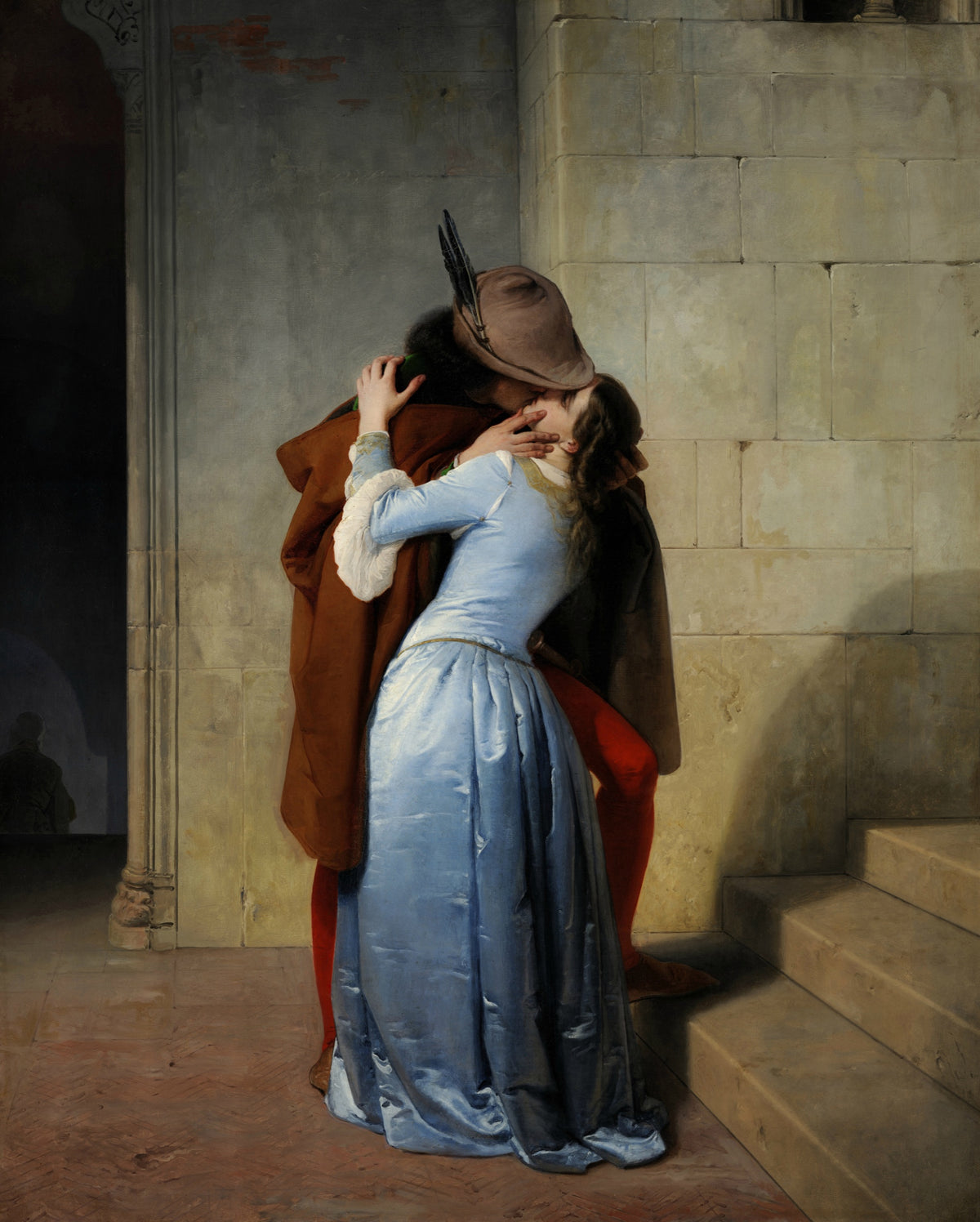 The Kiss by Francesco Hayez: a man in a brown cloak and feathered hat kisses a woman in pale blue satin by a stone stair