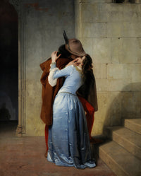 The Kiss by Francesco Hayez: a man in a brown cloak and feathered hat kisses a woman in pale blue satin by a stone stair