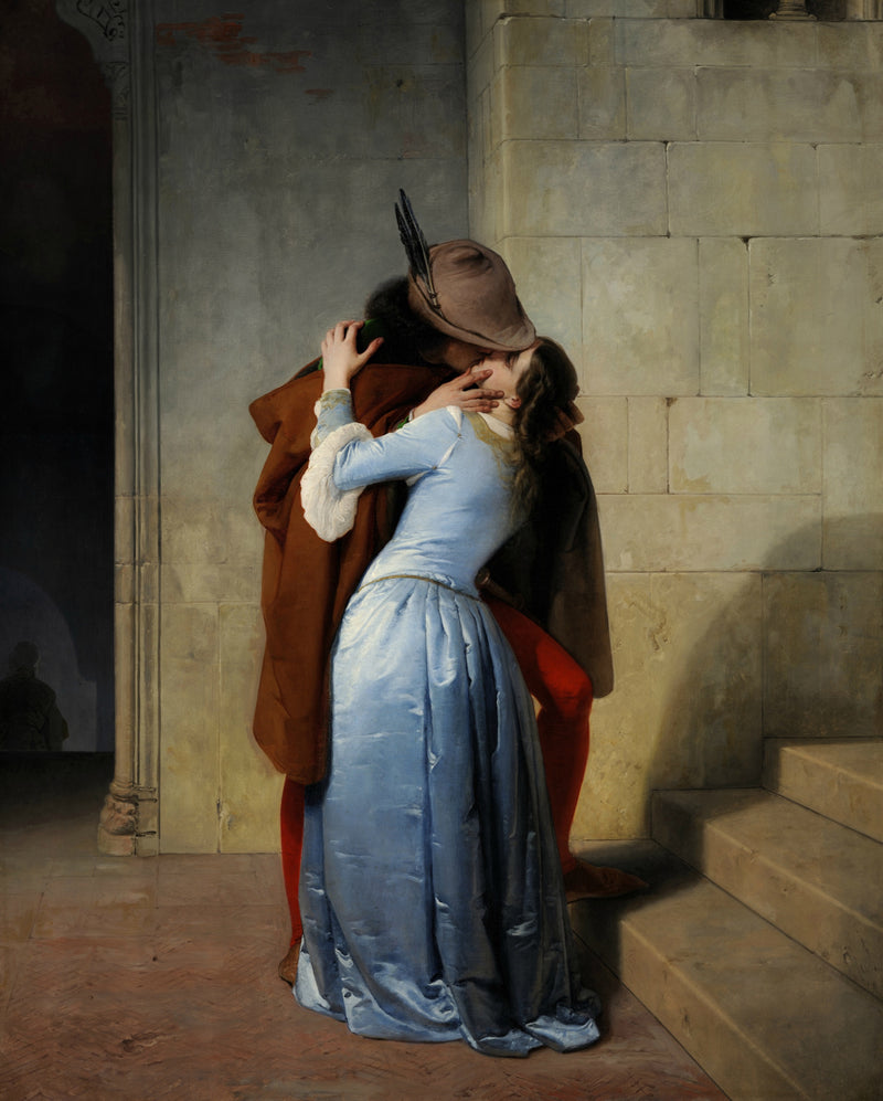 The Kiss by Francesco Hayez: a man in a brown cloak and feathered hat kisses a woman in pale blue satin by a stone stair