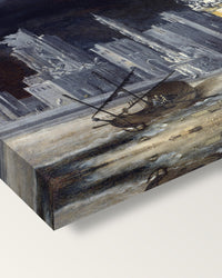 Fantastic Ruins by François de Nomé on stretched canvas, corner close-up: the painting mirror-wrapped round the sides