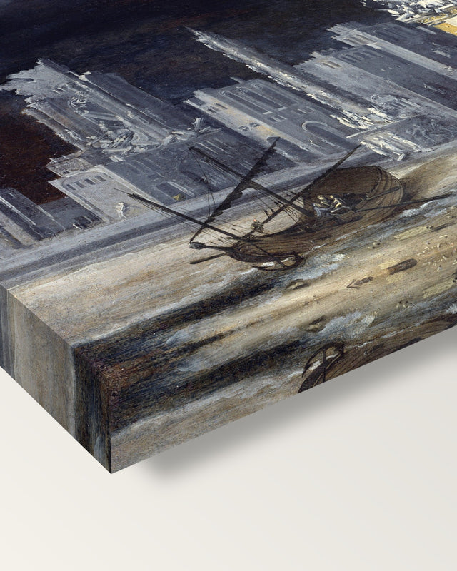 Fantastic Ruins by François de Nomé on stretched canvas, corner close-up: the painting mirror-wrapped round the sides