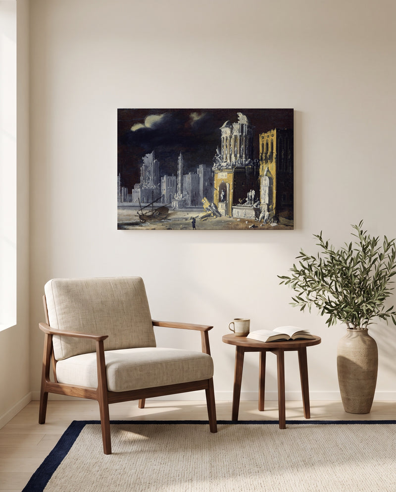 Fantastic Ruins by François de Nomé as a stretched canvas above a linen lounge chair in a reading corner