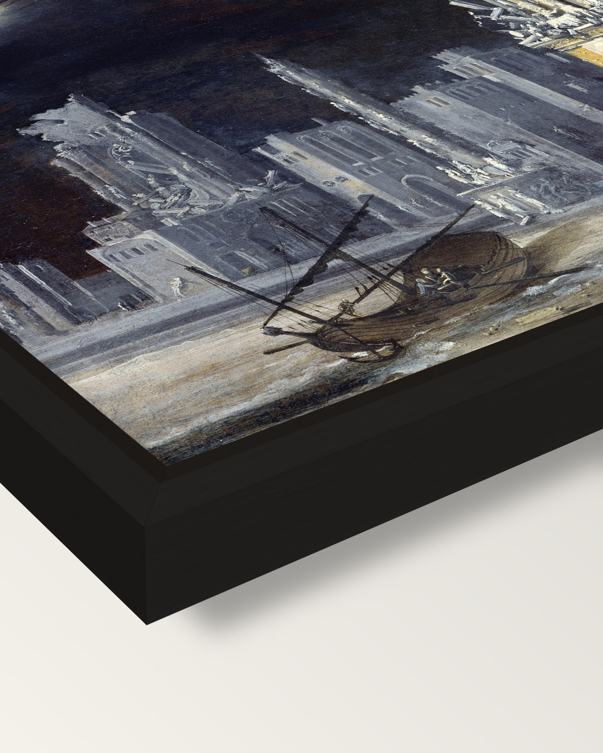 Fantastic Ruins by François de Nomé framed canvas, corner close-up: a black floating frame with a shadow gap round the canvas