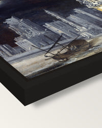 Fantastic Ruins by François de Nomé framed canvas, corner close-up: a black floating frame with a shadow gap round the canvas
